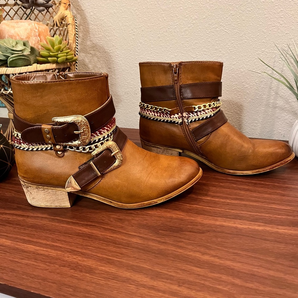 Olivia Miller Women's Cognac Greenwich Ankle Booties with Gold Buckles